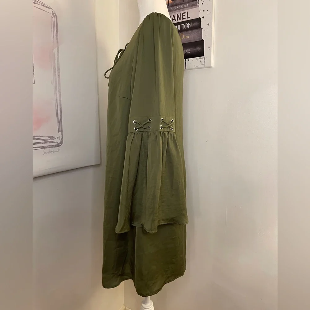 Venus Long Bell Sleeves Mini Dress Olive Green Size Medium - Picture 4 of 15